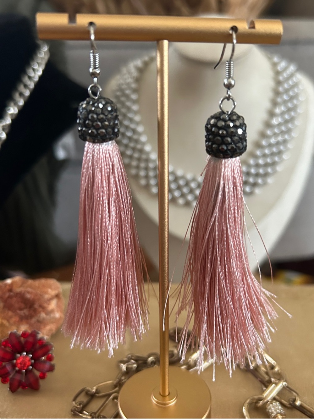 Paparazzi “Make Room for Plume” Pink Tassel Earrings with black rhinestone caps